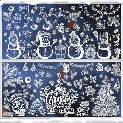 Glitter Christmas Window Clings - 9 Sheets Snowman Gingerbread Bell Window Decor