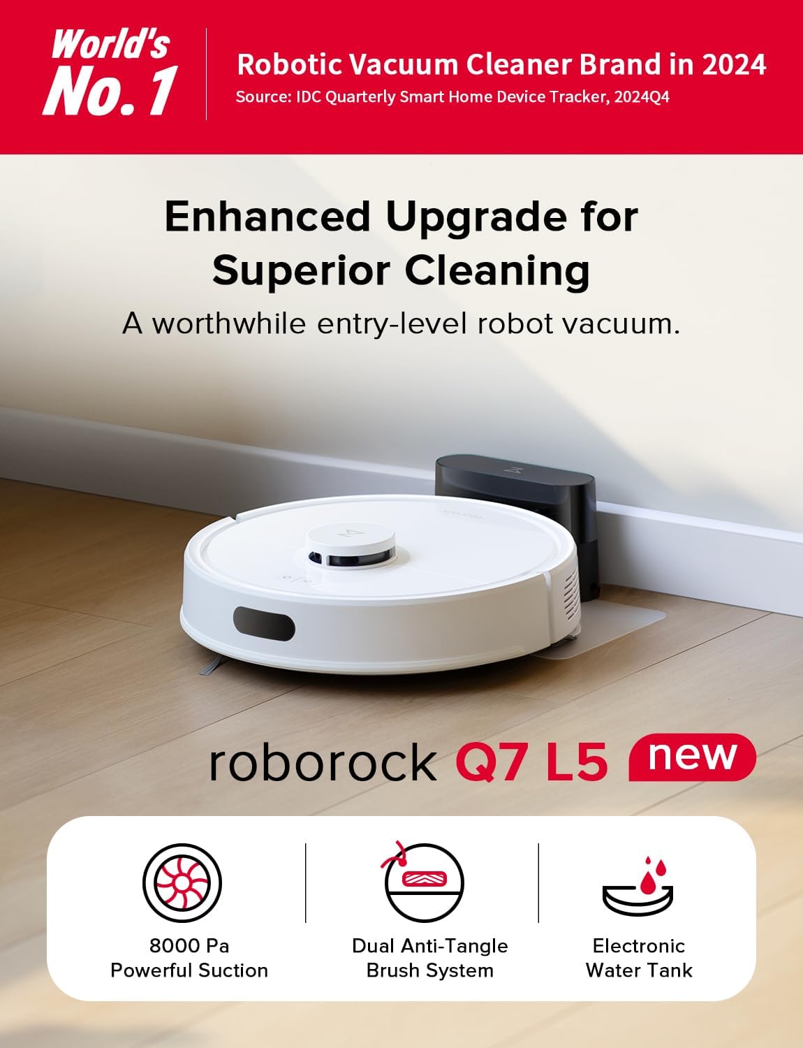 Roborock Q7 L5 Robot Vacuum & Mop Combo - 8,000Pa Suction, LiDAR Navigation, Self-Charging, White