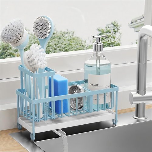 Cisily Kitchen Sink Caddy Organizer - Rustproof 304 Stainless Steel with High Brush Holder | Blue, 9.25”
