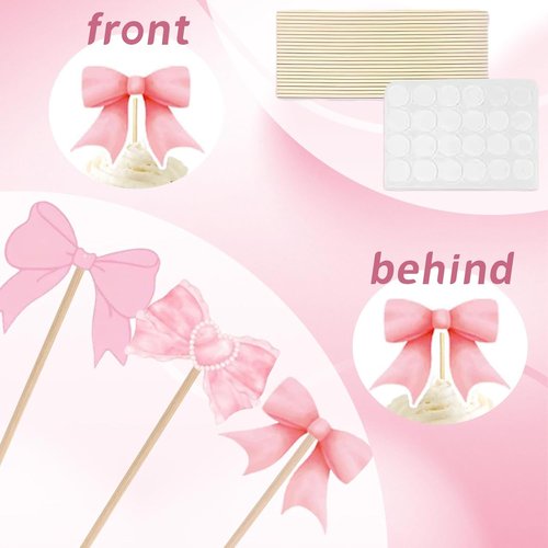 Coquette 48PCS Bow Cupcake Toppers - Pink Bow Cake Decorations for Birthdays & Baby Showers