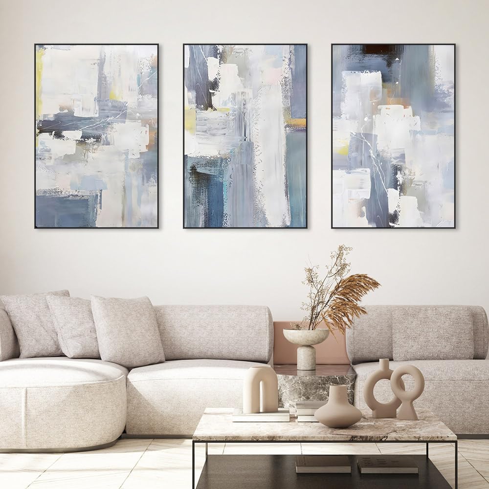 Skiennix Wall Art Set of 3 - Boho Black & White Canvas Paintings for Living Room | 24" x 32" Framed Decor