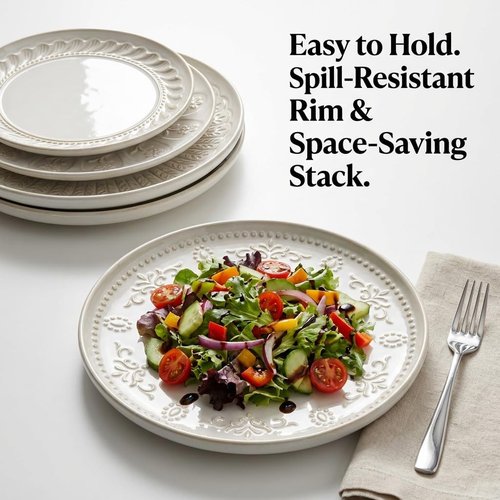 Artena Large Ceramic Dinner Plates Set of 4 - 10.75 Inch Embossed Kitchen Salad Plates | Microwave & Dishwasher Safe