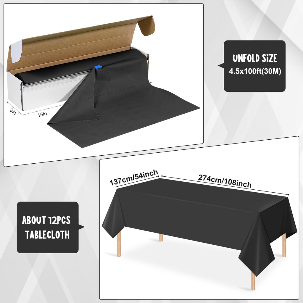 YIDAKO 54 Inch×100 Feet Black Tablecloth Roll Disposable Rectangle Black Table Cloth Roll Plastic Table Covers with Slide Cutter for Birthday Graduations Halloween Party Decorations
