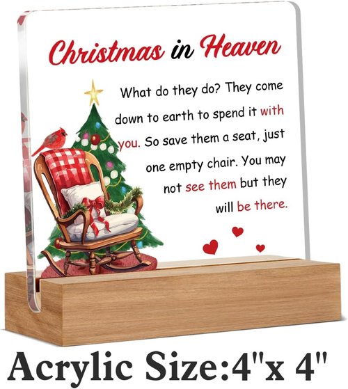 Cardinal Memorial Gift - Christmas In Heaven Empty Chair Sign | 4x4 Inches Home Decor
