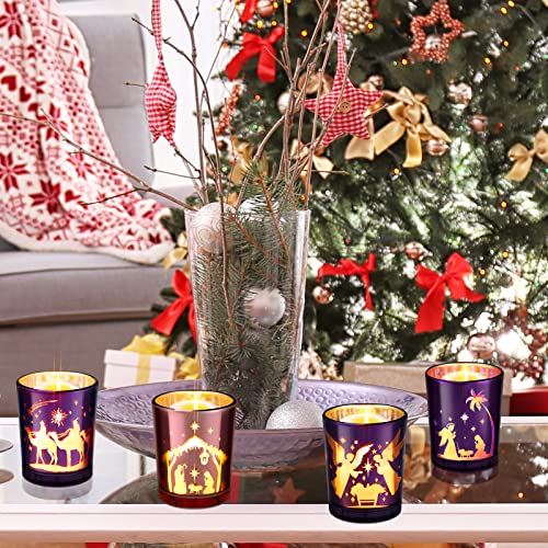 Nativity Scene Glass Advent Tealight Candle Holders - 4 Pack (Purple & Pink)