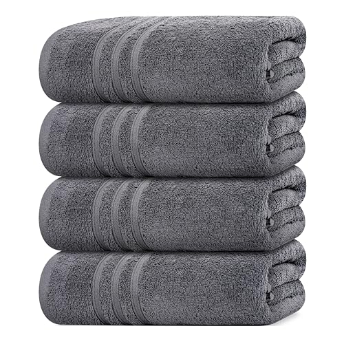 4-Piece 100% Cotton Bath Towel Set - 27x54 Inches, Quick-Dry Dark Grey