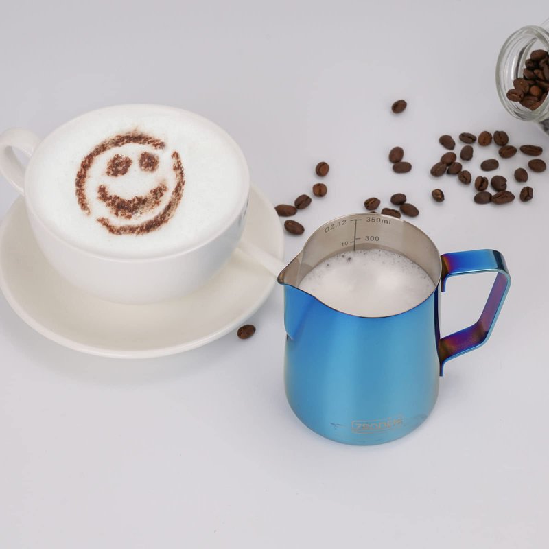 Milk Frothing Pitcher, 20oz Espresso Steaming Pitchers Stainless Steel Cappuccino Coffee Machine Accessories Barista Tools Steam Froth Pitchers Milk Jug Cup with Decorating Pen Latte Art, Blue
