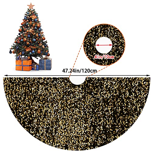 48in Glitter Sequin Tree Skirt - Black & Silver Faux Fur Holiday Decor