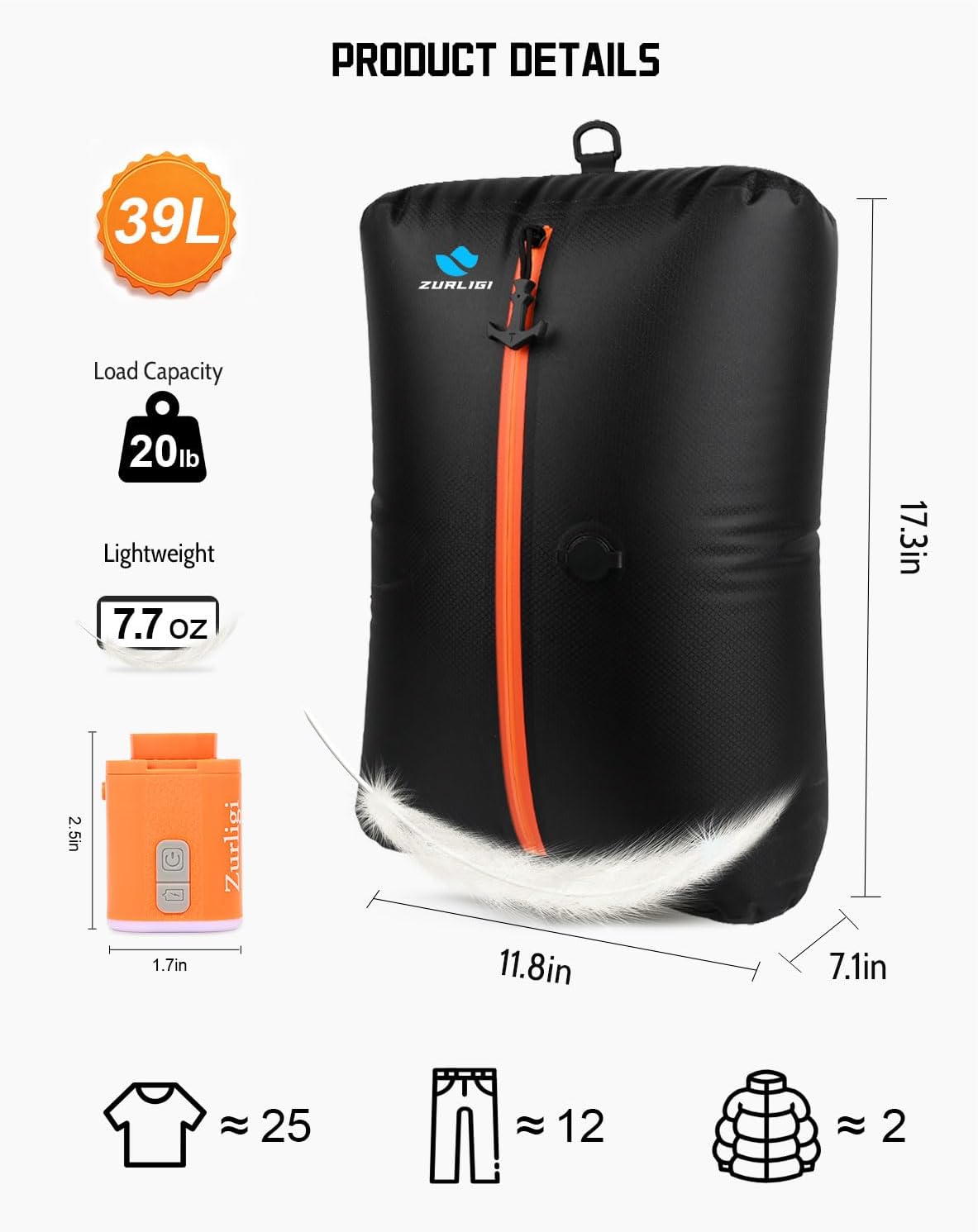 Zurligi Travel Vacuum Compression Bags - Waterproof 39L Packing Cubes with Mini Pump | 1-Pack Black