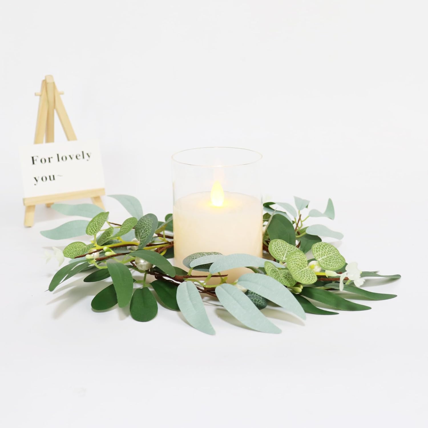Skiennix 4-Inch Greenery Candle Rings - Artificial Eucalyptus Wreaths with Pearl Berries for Home Decor | 2 Pack