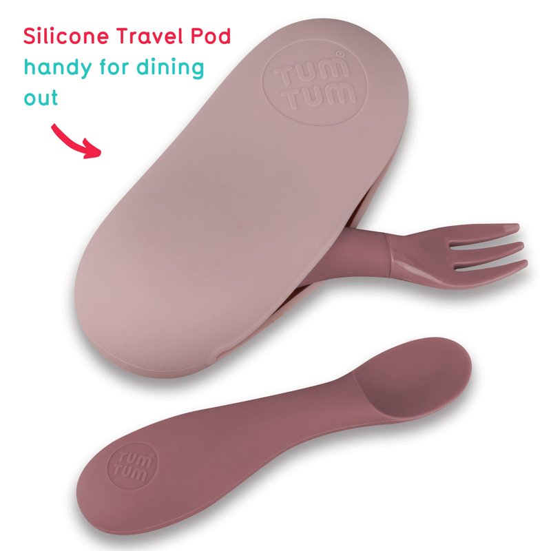 Tum Tum Baby Cutlery with Case - Baby Spoon & Fork Set, Self Feeding Cutlery, Silicone, 6+ Months, Pink