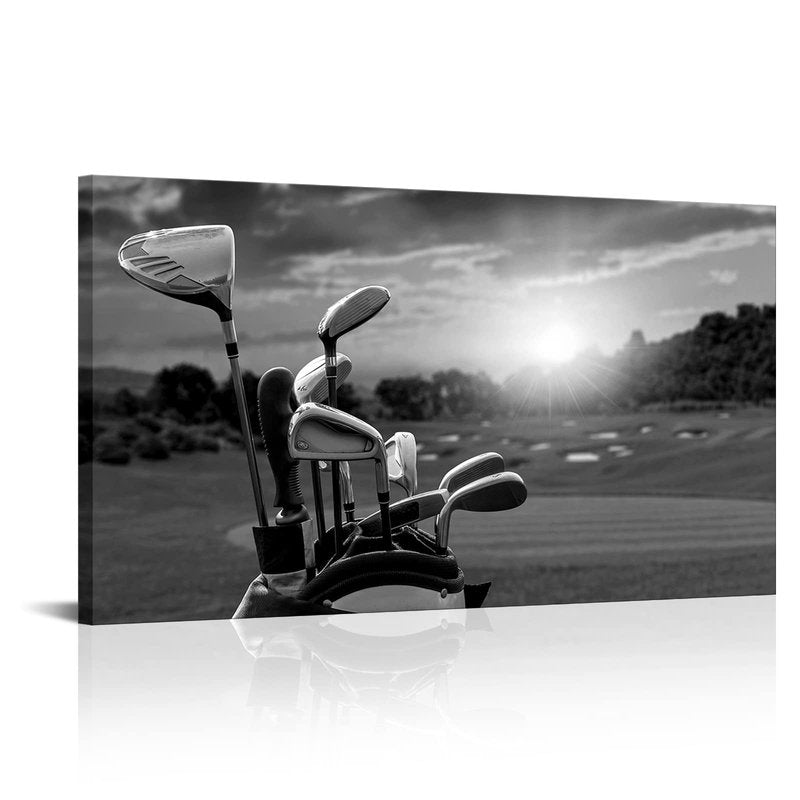 LevvArts Black and White Golf Canvas Wall Art Golf Course at Sunset Landscape Pictures Painting Print Golfing Sports Artwork Decor for Living Room Gym Framed Ready to Hang 20"x36"