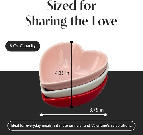 BIA Heart Dish Set - 3 Small Heart Shaped Stoneware Bowls for Snacks, Desserts & Dips | 6 oz Each