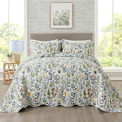 Travan Queen Size Floral Quilt Set - 3-Piece Lightweight Bedspread Coverlet