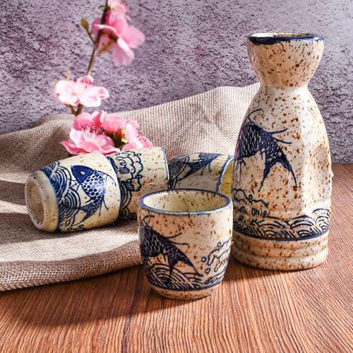 Japanese Ceramic Sake Set of 5 - Traditional Flask & Cups for Hot Cold Serving