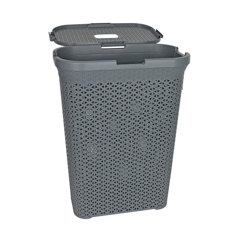 YBM Home Plastic Rattan Laundry Hamper Basket with Hinged Lid, Ventilation Holes, Durable, Lightweight Bin With Cutout Handles, Storage Dirty Clothes, Space Saver, 10.5" x 17.5" x 23.75", Grey