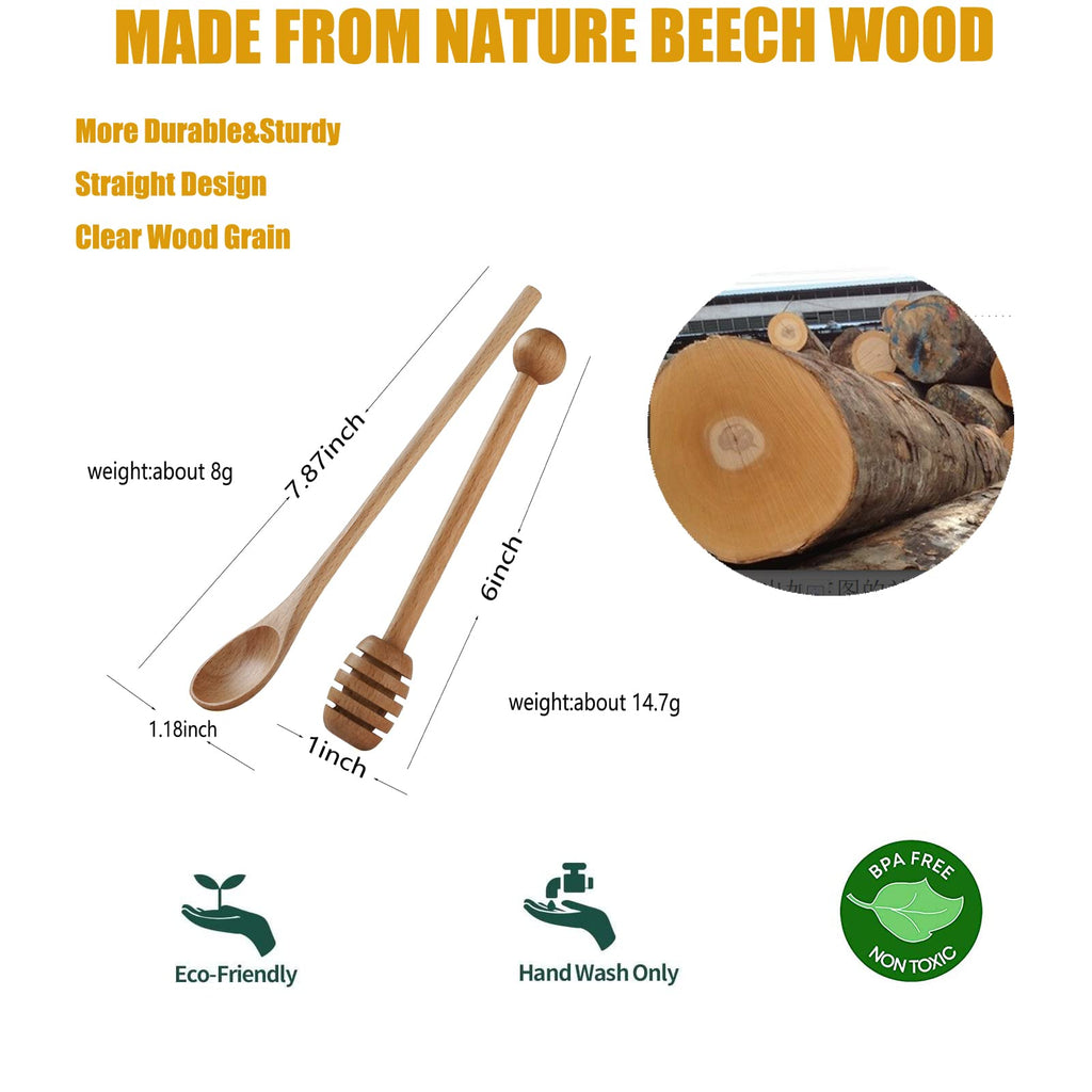 4 PCS 6 Inch Honey Dipper Sticks and 4 PCS 7.87 Inch Coffee Stirring Spoons, Beech Wooden Honey Spoon Stirrer for Honey Jar Dispense Drizzle Honey and Wedding Party Gift
