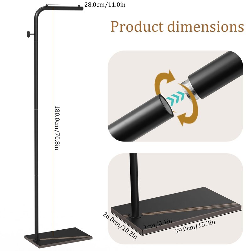 OUTBROS Coat Rack, Portable L-shaped Clothes Rack with Hook, Modern Hanger, Sturdy Freestanding Metal Clothing Rack, Used in Bedroom, Entrance and Living Room, 15.3 x 10.2 x 70.8 inch, Black