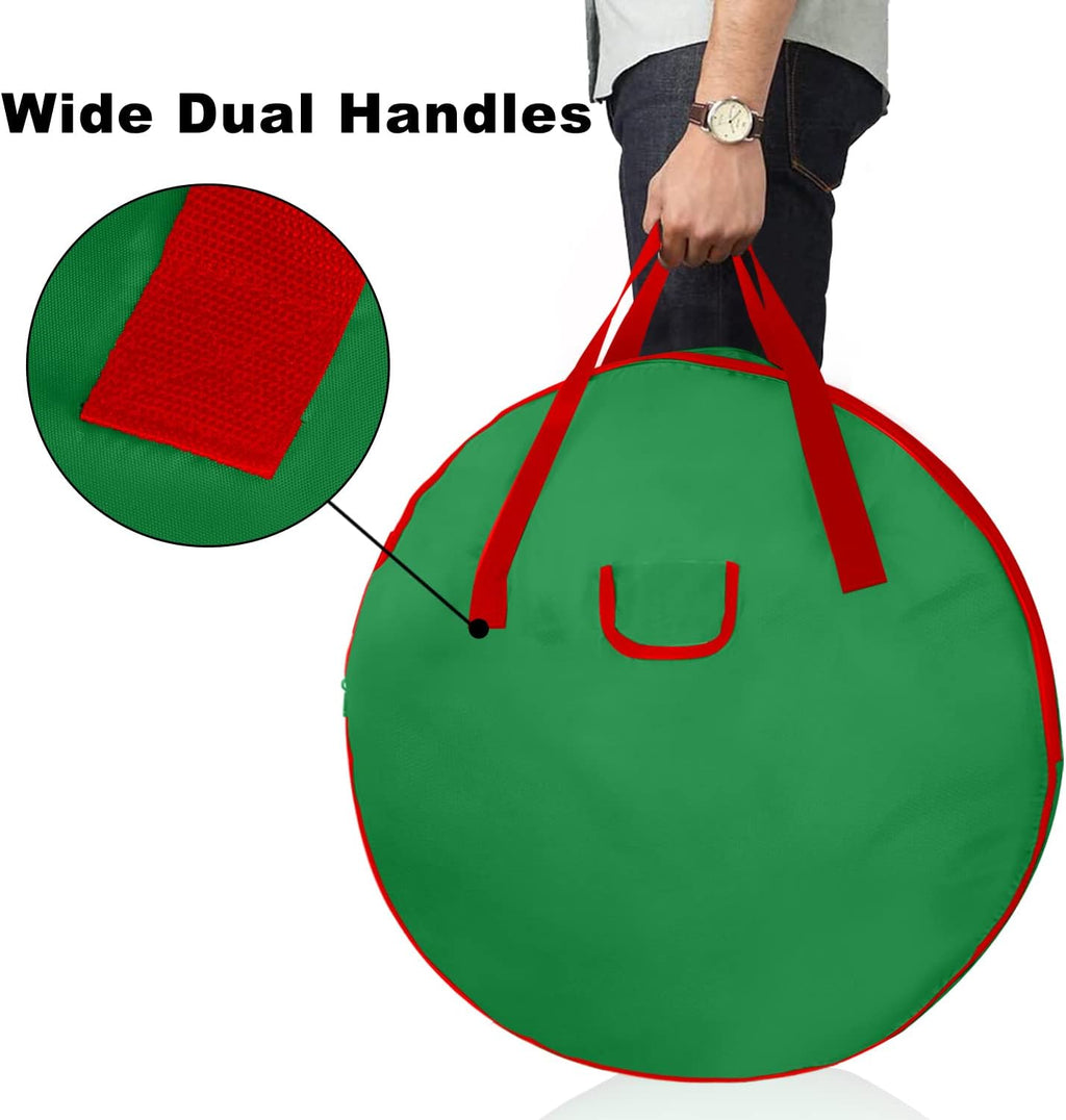 Skiennix Christmas Wreath Storage Bag - Heavy Duty with Reinforced Handles & Double Zipper - Large Green Container for Holiday Decorations