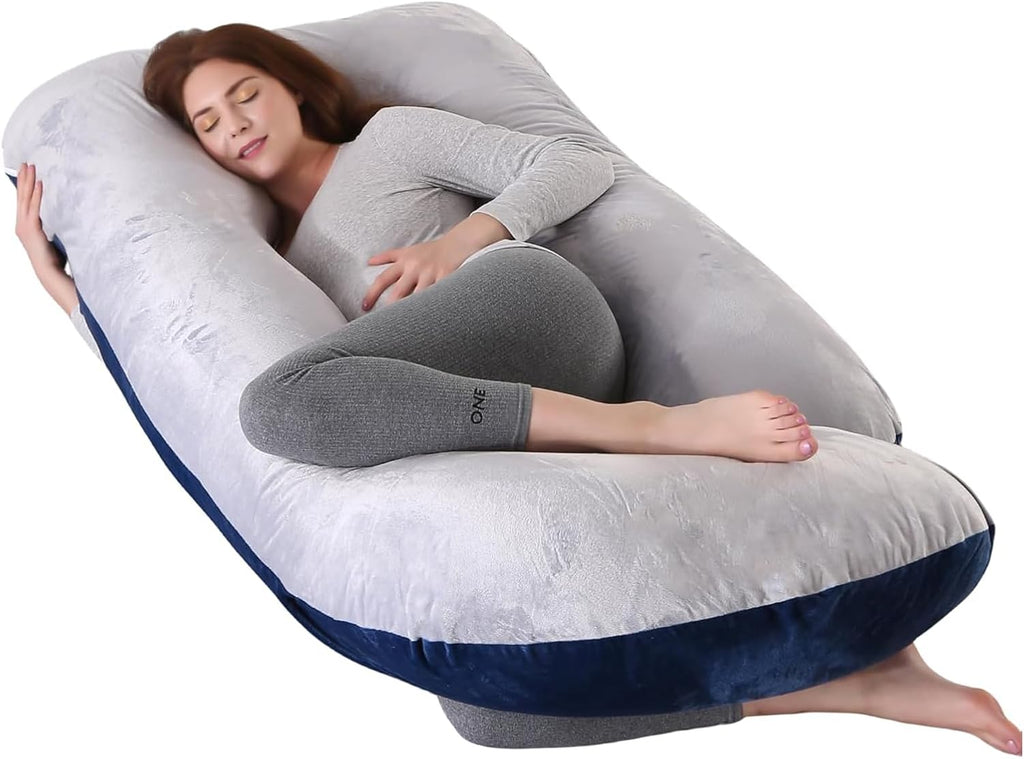 Skiennix 60-Inch Full Body Pregnancy Pillow - Cooling U-Shaped Maternity Support with Washable Velvet Cover | Light Grey & Blue
