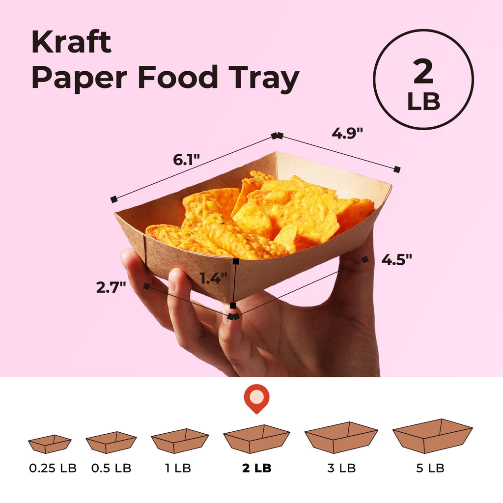 Fit Meal Prep [250 Pack 2 lb Paper Food Boats Heavy Duty Disposable Food Trays, Kraft Brown Nacho Tray for Parties Fairs Picnics Carnivals Holds Tacos Nachos Fries Hot Dogs Grease Resistant