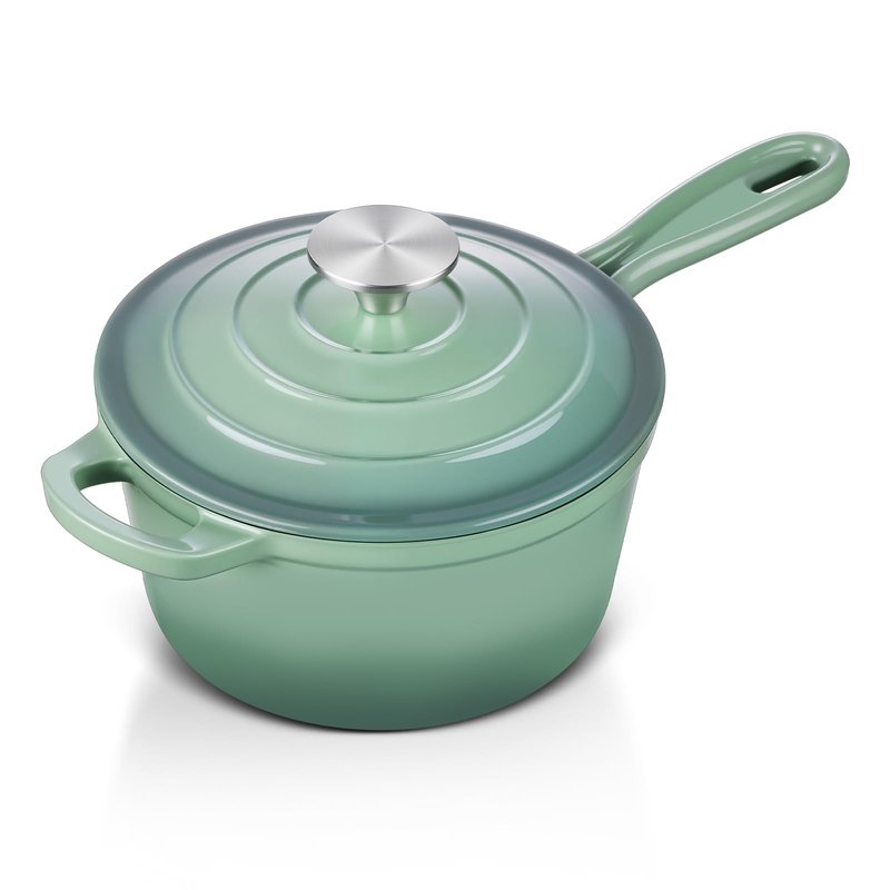 Enameled Cast Iron Sauce Pan with Lid, Leonyo 1 Quart Saucepan with Lid, Enamel Cast Iron Dutch Oven Kitchen Cookware for All Cooktops Cooking Soup, Milk - Up to 500°F & 4.4Lbs, Pistachio Green