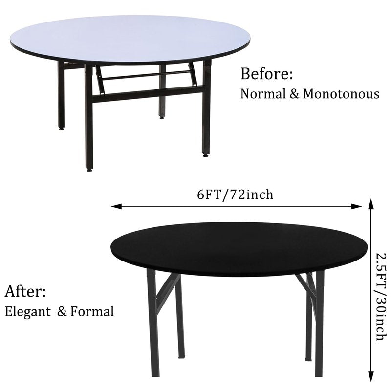 JALANCY 4 Pieces Round Spandex Tablecloth Table Top Cap Cover Stretch Fitted Tablecloth for 6 Foot Round Tables Washable Elastic Table Protector for Indoors Outdoors (Black,6 Foot)