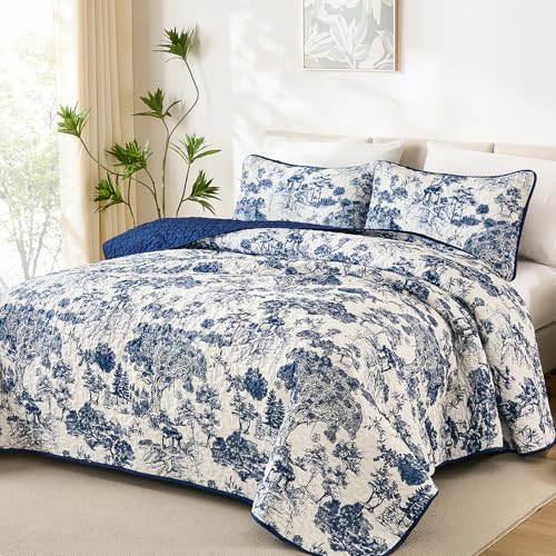 Botanical Floral Queen Quilt Set - 3-Piece Reversible Navy Blue Bedspread