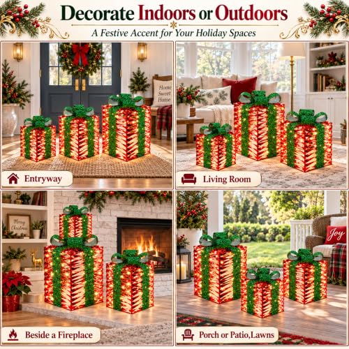 Christmas Lighted Gift Boxes Set of 3 with Warm White LED Lights - Holiday Decor