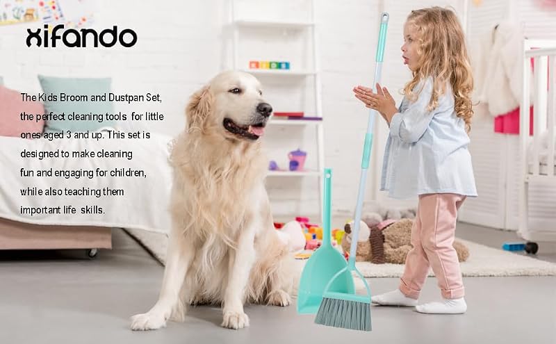 Kids Mini Broom and Dustpan Set - Pretend Play Housekeeping Toy (Light Blue)