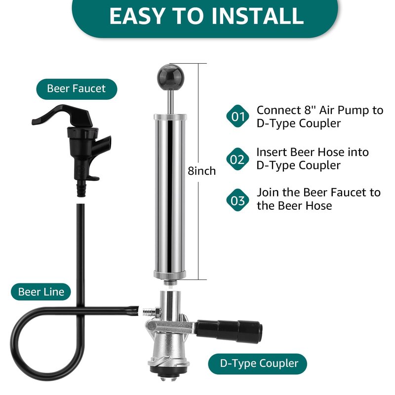 8" Keg Tap Pump - American D-System Beer Keg Tap, Party Beer Keg Hand Pump Tap Kit, Beer Picnic Tap Dispenser for Home Bar, Kegerator Beer Pump with 2 Beer Faucet, Beer Hose and 2 Hose Clamps