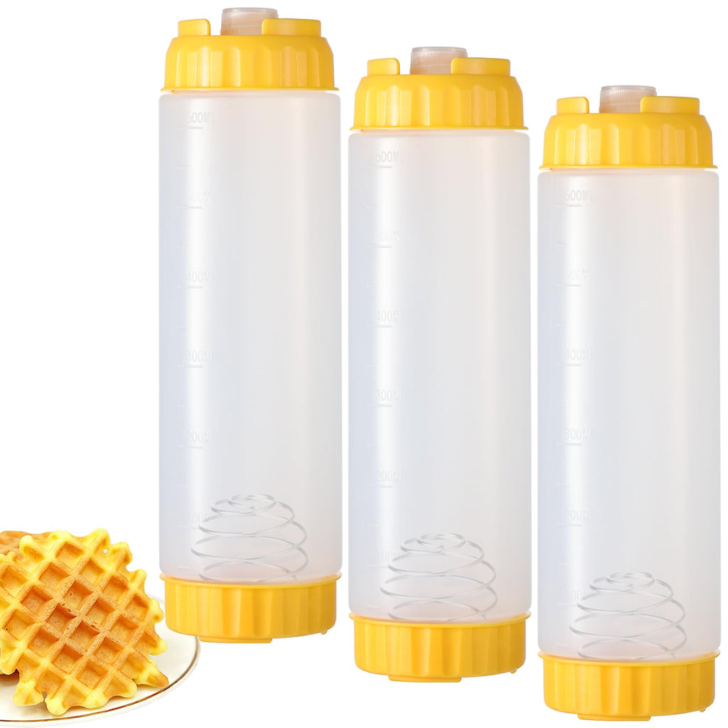 3 Pack Pancake Batter Dispenser and Mixer with BlenderBall Wire Whisk, Pancake Shaker Batter Dispenser, Kitchen Batter Bottle Squeeze for Cupcakes, Muffins, Crepes, Breakfast Art, and More (Yellow)