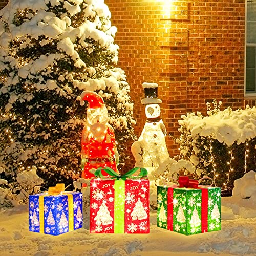 LAMPHOME 70 LED Lighted Gift Boxes Set of 3 — Snowflake Pattern Warm White with Flasher