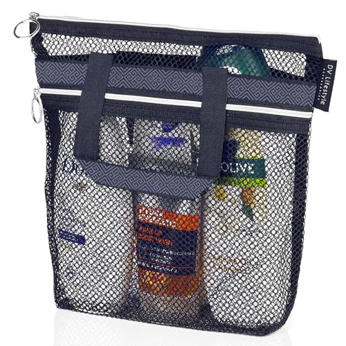 Mesh Shower Bag Quick-Dry Toiletry Caddy with Zipper Pockets Black