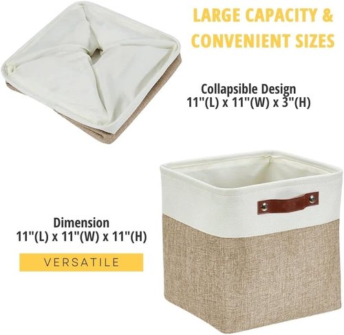 DECOMOMO Storage Cubes - 11x11 Cube Storage Bins | Beige & White, 4 Pack for Organized Shelving