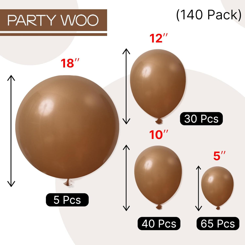PartyWoo Brown Balloons - 140-Piece Arch Kit for Baby Shower & Birthday Decor | Various Sizes 5-18 Inches