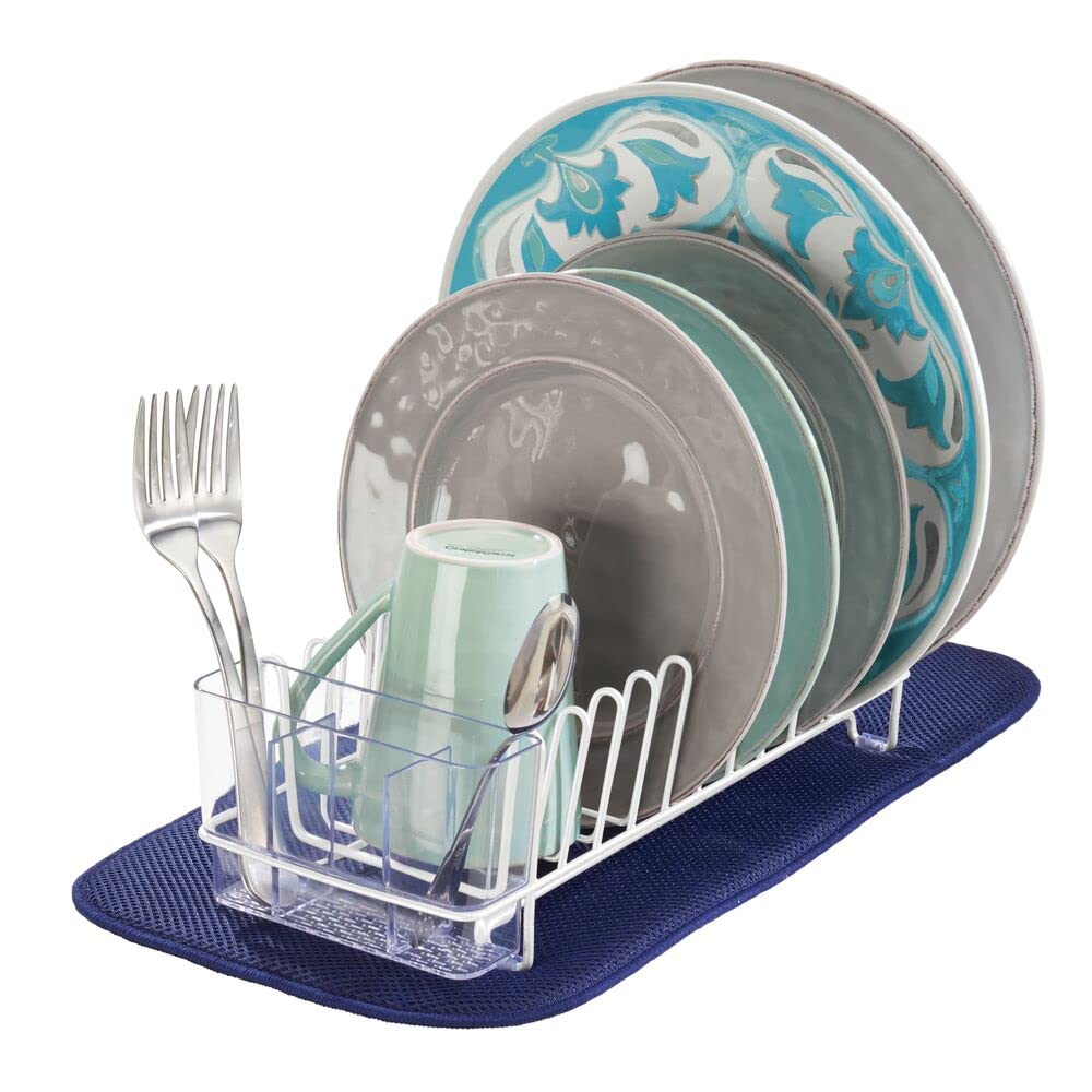 mDesign Kitchen Sink Dish Drainer – Small Metal and Plastic Dish Rack for Kitchen Sink – Dish Drying Rack with Drip Tray for Plates and Cutlery Basket – White/Clear