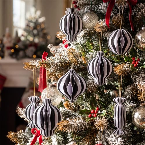 Kasyat 24 Black & White Honeycomb Christmas Ornaments, 110 GSM Paper Decoration Set