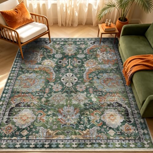 Washable Vintage Tribal Area Rug 5x7 - Non-Slip Low-Pile Green Rug