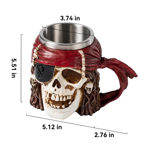 Skull Mug Caribbean Pirate Bandana Beer Coffee Mugs with Handle, Stainless Steel and Resin Tankard Coffee Beer Mug Cup Drunken Pirate's Life For Me Buccaneer Nautical Kitchen Dining Accessory - 14oz