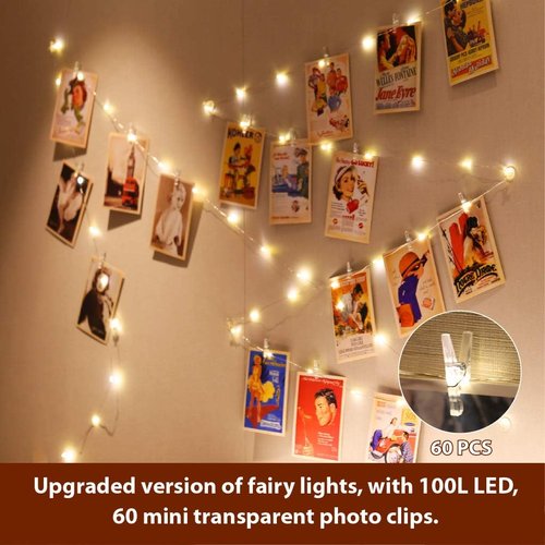 HXWEIYE 33Ft Warm White Photo Clips String Light - 100 LEDs with Timer & 8 Modes | Includes 52 Clear Clips & 12 Hooks for Bedroom Decor