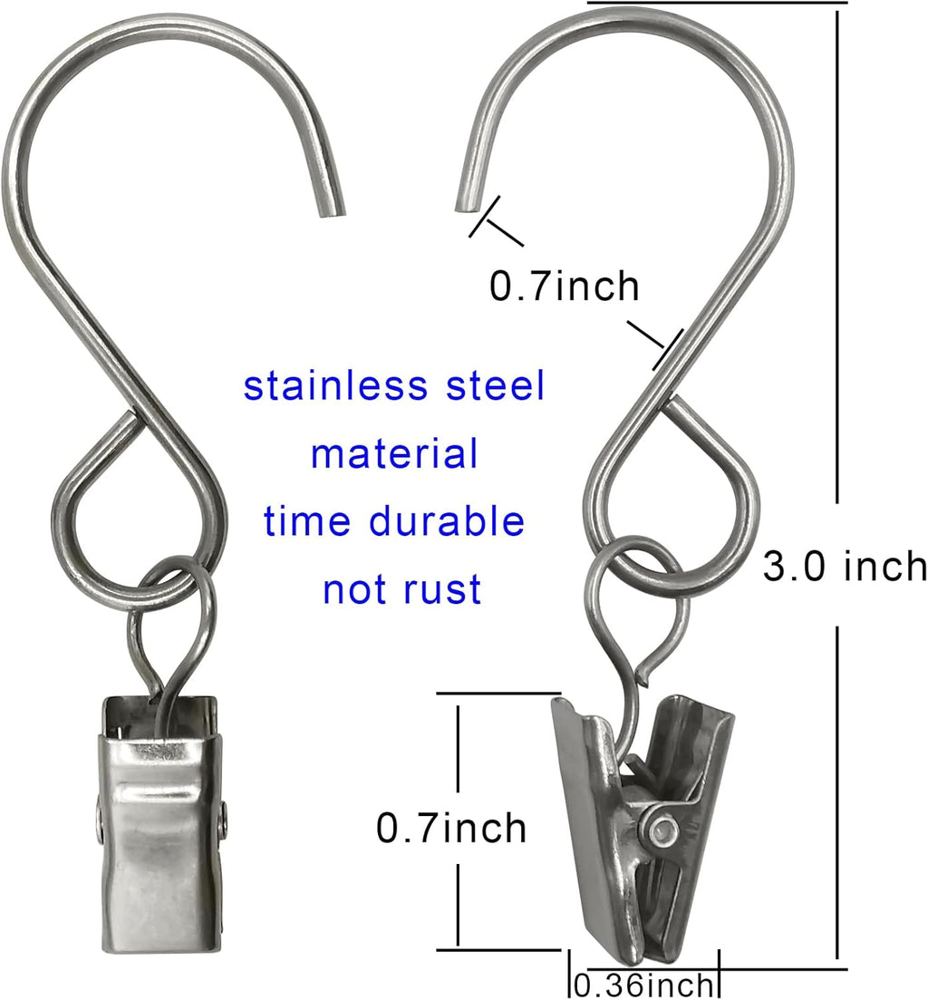 Stainless Steel S Hooks - 50 Pack Curtain Clips for Hanging Lights & Art Displays | 3 Inch, Silver