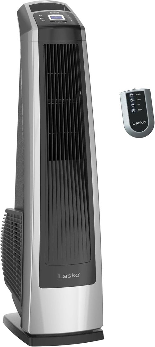 Lasko High Velocity Oscillating Tower Fan - Remote Control, Timer, 3 Speeds | 35" Silver/Black