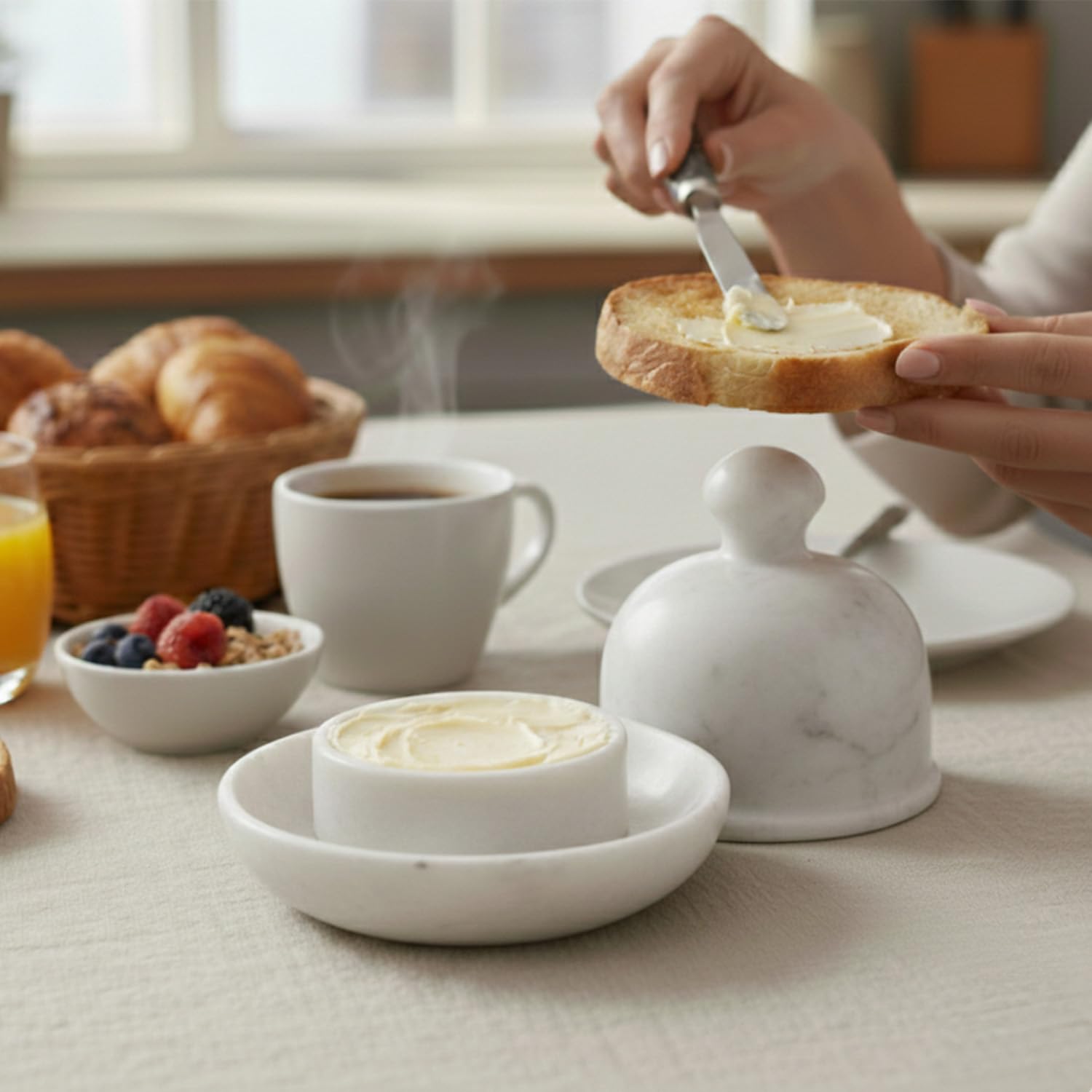 Radicaln Marble Butter Dish With Lid 6" Inches White Handmade Butter Storage Container, Ideal Butter Dish and Butter Crock For Counter With Water