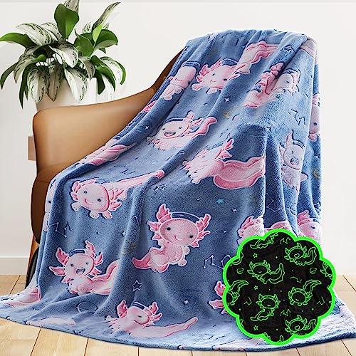 GEULAY Pink Axolotl Throw Blanket 50x60 in – Glow-in-the-Dark Kids/Teens Gift