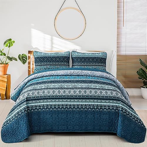 Boho King Quilt Bedding Set - 3 Piece Soft Bedspread, Blue