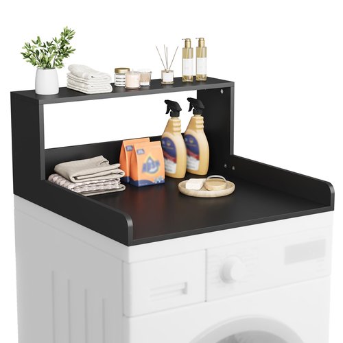 HOTLUU Washer Dryer Countertop with Shelf, 27.5" D x 27.5" W x 12.6" H, Sturdy Wood Frame, Countertop for Washer and Dryer, Non-Slip Pads & Edge Rails, Laundry Room Storage(Black)