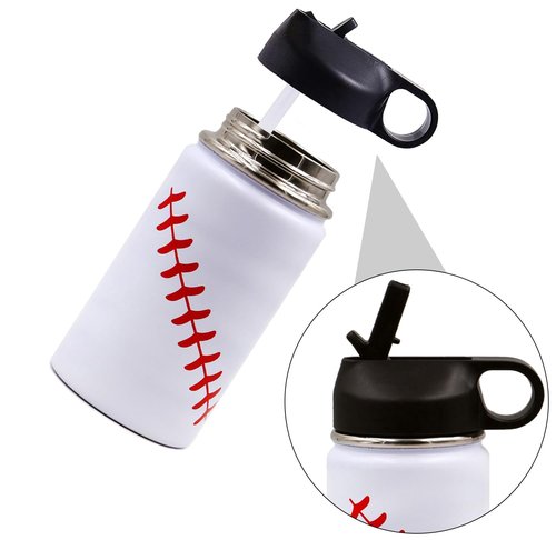 12 oz Baseball Water Bottle, Sports Flask Metal Travel Tumbler with 2 Lids, Stainless Steel Double Wall Vacuum Insulated Leak Proof Thermo Water Bottles, Baseball Accessories Gifts for Mom Boys Girls