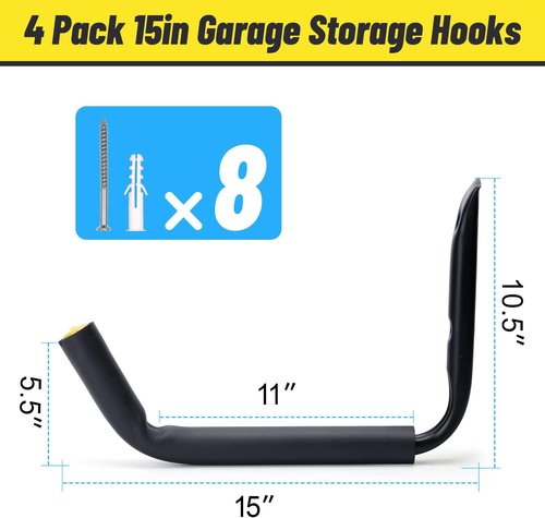 GEEDAR Heavy Duty Garage Storage Hooks - 15" Thickened Steel, 120 LB Capacity | 4-Pack Kayak & Bike Hangers