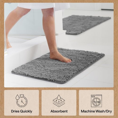 GORILLA GRIP Bath Rug Mat - Thick Soft Absorbent Chenille | Quick Dry Microfiber, 24x17, Grey